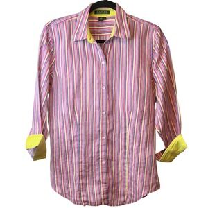 Lauren Ralph Lauren Shirt Womens Stripe 100% Linen Button Down 3/4 Sleeve Size L